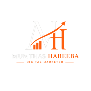 Professional logo of Mumthas Habeeba, Freelance Digital Marketer in Kochi, featuring the MH monogram in white and orange with a growth arrow and bar chart icon.