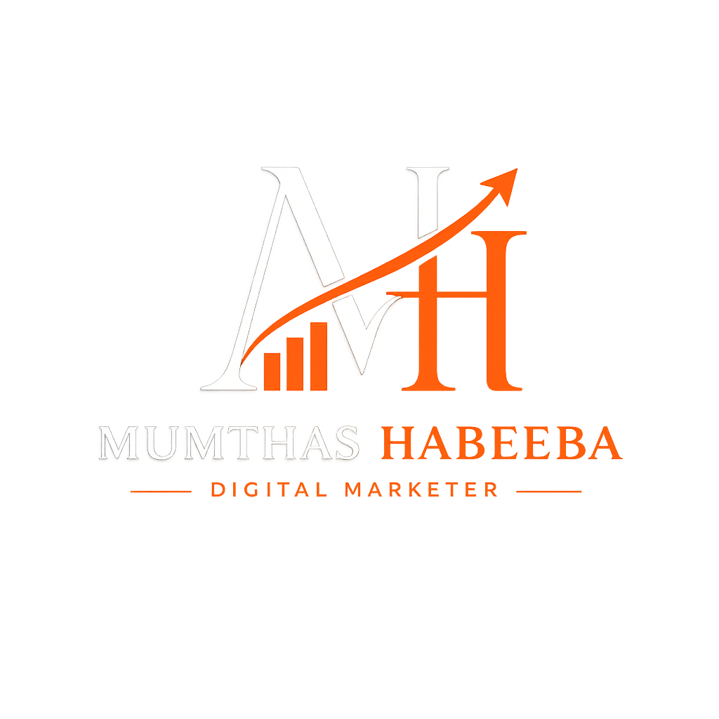 Professional logo of Mumthas Habeeba, Freelance Digital Marketer in Kochi, featuring the MH monogram in white and orange with a growth arrow and bar chart icon.